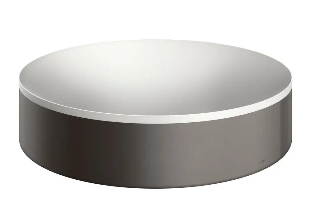 Runder Waschbeckenaufsatz in Brushed Black Chrome von AXOR mit glatter, reflektierender Oberfläche und ohne Hahnloch oder Überlauf.